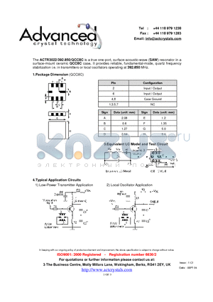 ACTR3022 datasheet - true one-port, surface-acoustic-wave (SAW) resonator