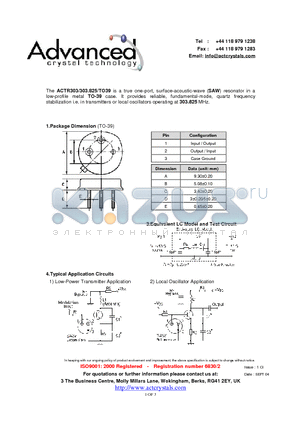 ACTR303/303.825/TO39 datasheet - true one-port, surface-acoustic-wave (SAW) resonator