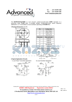 ACTR310 datasheet - true one-port, surface-acoustic-wave (SAW) resonator