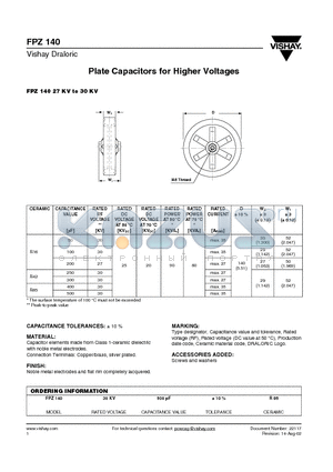 FPZ140 datasheet - Plate Capacitors for Higher Voltages