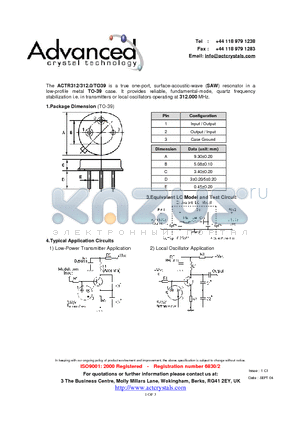 ACTR312 datasheet - true one-port, surface-acoustic-wave (SAW) resonator