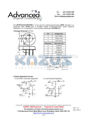 ACTR315.5/315.50/TO39 datasheet - true one-port, surface-acoustic-wave (SAW) resonator