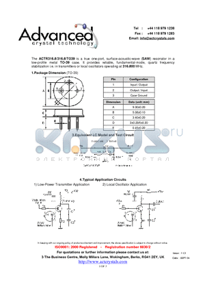 ACTR316.8/316.8/TO39 datasheet - true one-port, surface-acoustic-wave (SAW) resonator