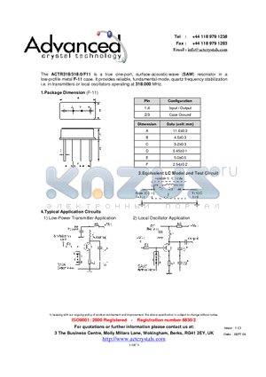 ACTR318/318.0/F11 datasheet - true one-port, surface-acoustic-wave (SAW) resonator