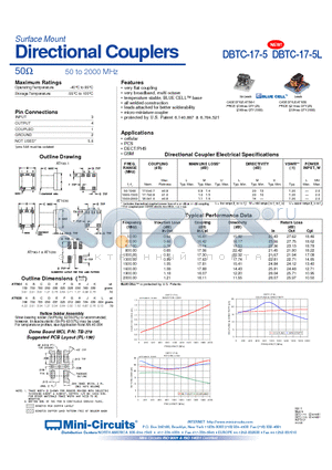 DBTC-17-5 datasheet - Surface Mount Directional Couplers 50 50 to 2000 MHz