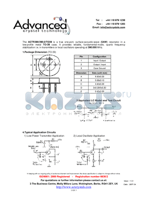 ACTR390/390.0/TO39 datasheet - true one-port, surface-acoustic-wave (SAW) resonator