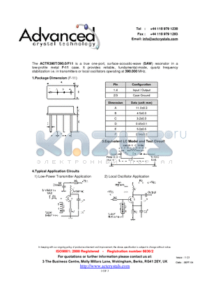 ACTR390T datasheet - true one-port, surface-acoustic-wave (SAW) resonator
