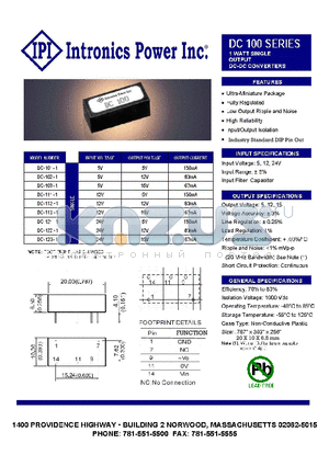 DC-101-1 datasheet - 1 WATT SINGLE OUTPUT DC-DC CONVERTERS