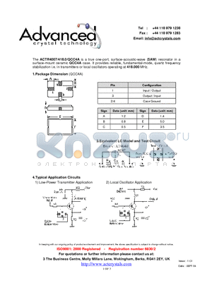 ACTR4007/418.0/QCC4A datasheet - true one-port, surface-acoustic-wave (SAW) resonator