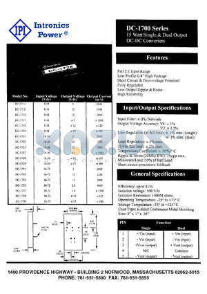 DC-1700 datasheet - 15 Watt Single & Dual Output DC-DC Converters