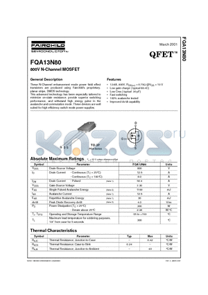 FQA13N80 datasheet - 800V N-Channel MOSFET