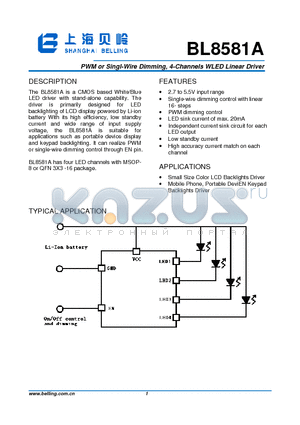 BL8581A datasheet - PWM or Singl-Wire Dimming, 4-Channels WLED Linear Driver