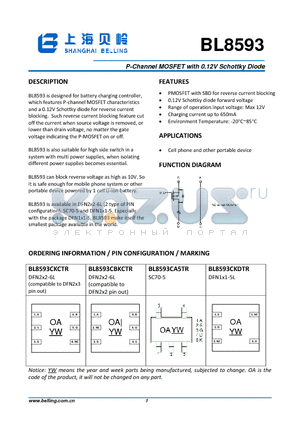 BL8593 datasheet - P-Channel MOSFET with 0.12V Schottky Diode