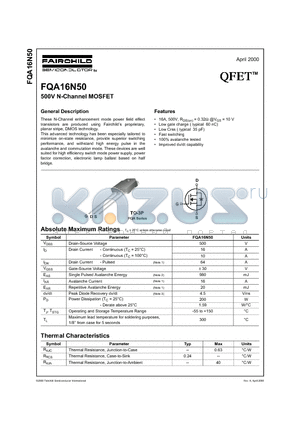 FQA16N50 datasheet - 500V N-Channel MOSFET