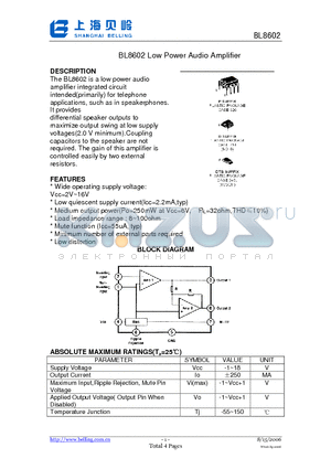 BL8602 datasheet - Low Power Audio Amplifier