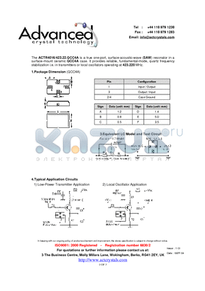 ACTR4016/423.22.QCC4A datasheet - true one-port, surface-acoustic-wave (SAW) resonator