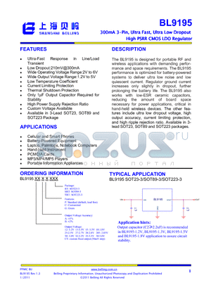 BL9195 datasheet - 300mA 3-Pin, Ultra Fast, Ultra Low Dropout