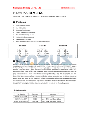 BL93C56 datasheet - 2K bits (256 X 8 or 128 X 16)/ 4K bits (512 X 8 or 256 X 16) Three-wire Serial EEPROM