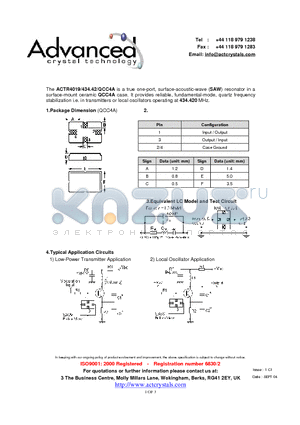 ACTR4019/434.42/QCC4A datasheet - true one-port, surface-acoustic-wave (SAW) resonator