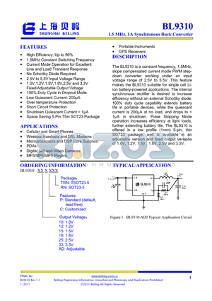 BL9310 datasheet - 1.5 MHz, 1A Synchronous Buck Converter