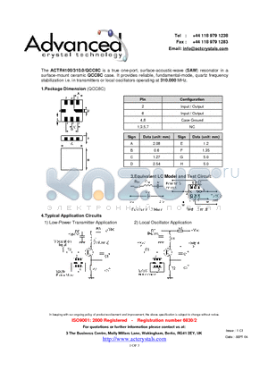 ACTR4100/310.0/QCC8C datasheet - true one-port, surface-acoustic-wave (SAW) resonator