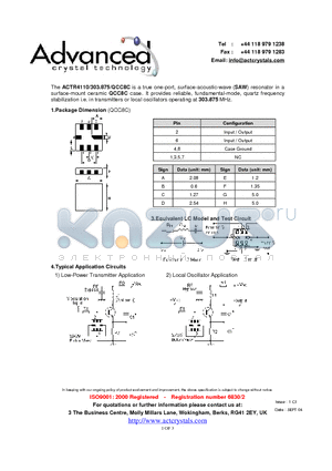 ACTR4110/303.875/QCC8C datasheet - true one-port, surface-acoustic-wave (SAW) resonator