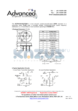 ACTR418/418.0/TO39 datasheet - a true one-port, surface-acoustic-wave (SAW) resonator