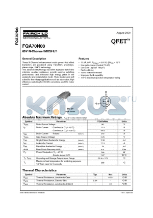 FQA70N08 datasheet - 80V N-Channel MOSFET