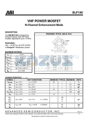 BLF145 datasheet - VHF POWER MOSFET