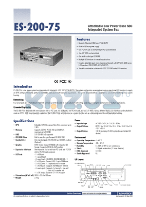 ES-200-75-66 datasheet - Attachable Low Power Base SBC Integrated System Box
