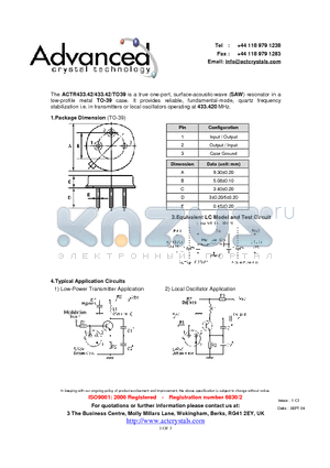 ACTR433.42/433.42/TO39 datasheet - true one-port, surface-acoustic-wave (SAW) resonator
