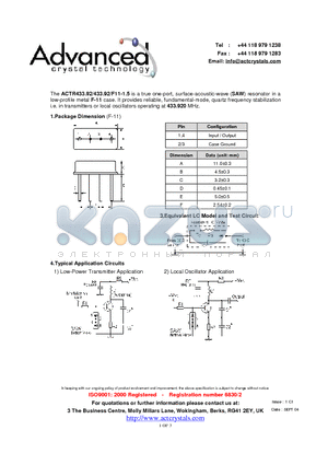 ACTR433.92 datasheet - true one-port, surface-acoustic-wave (SAW) resonator