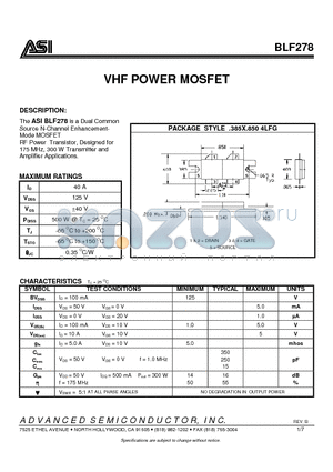 BLF278 datasheet - VHF POWER MOSFET