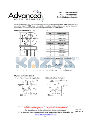 ACTR433A datasheet - true one-port, surface-acoustic-wave (SAW) resonator