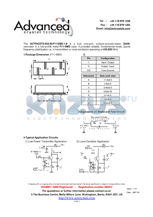 ACTR433TS datasheet - true one-port, surface-acoustic-wave (SAW) resonator