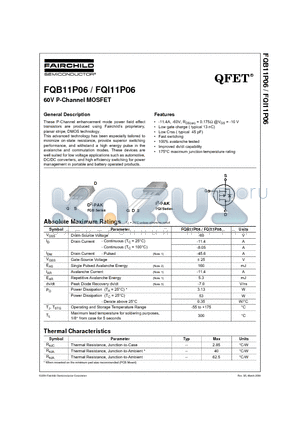 FQB11P06 datasheet - 60V P-Channel MOSFET