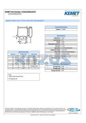 C315C330G1G5TA datasheet - Capacitor, ceramic, 33 pF, /-2% Tol, 100V, C0G, Lead Spacing=0.1