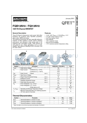 FQB13N10 datasheet - 100V N-Channel MOSFET