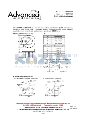 ACTR436J/435.8/TO39 datasheet - true one-port, surface-acoustic-wave (SAW) resonator