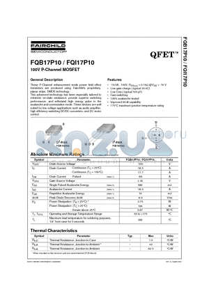 FQB17P10 datasheet - 100V P-Channel MOSFET