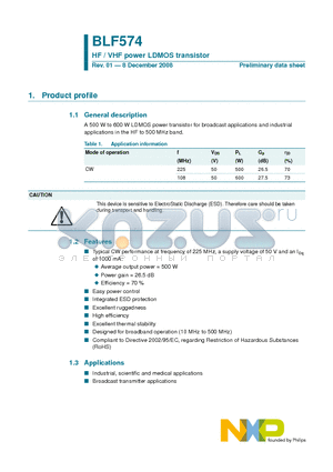 BLF574 datasheet - HF / VHF power LDMOS transistor