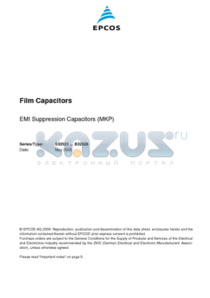 B32921 datasheet - Film Capacitors EMI Suppression Capacitors (MKP)