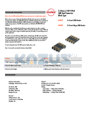 47019-1502 datasheet - SIM Card Connector Block Type