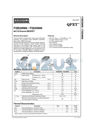 FQB20N06 datasheet - 60V N-Channel MOSFET