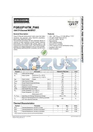 FQB22P10TM_F085 datasheet - 100V P-Channel MOSFET