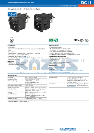 DC11.0001.007 datasheet - IEC Appliance Inlet C14 with Line Switch 1- or 2-pole