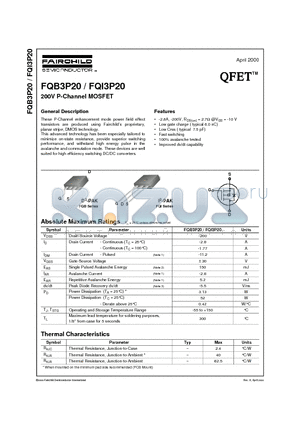 FQB3P20 datasheet - 200V P-Channel MOSFET