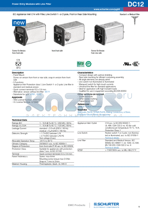 DC12.1102.203 datasheet - IEC Appliance Inlet C14 with Filter, Line Switch 1- or 2-pole, Front or Rear Side Mounting