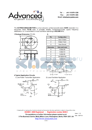 ACTR622.08 datasheet - true one-port, surface-acoustic-wave (SAW) resonator