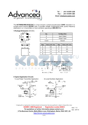 ACTR8002/868.35/DCC6C datasheet - true one-port, surface-acoustic-wave (SAW) resonator